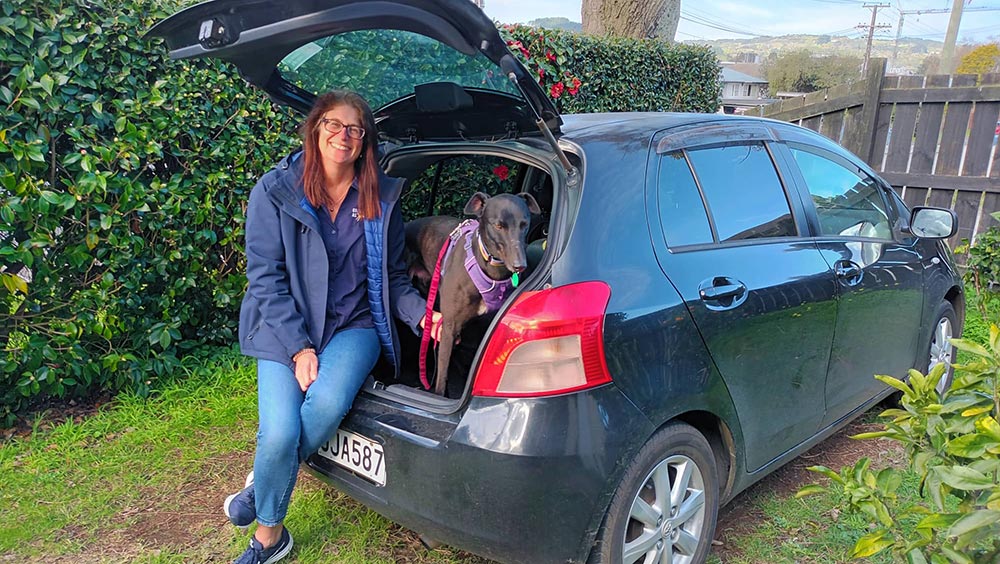 Lisa with greyhound in car