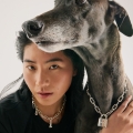 woman with brown greyhound